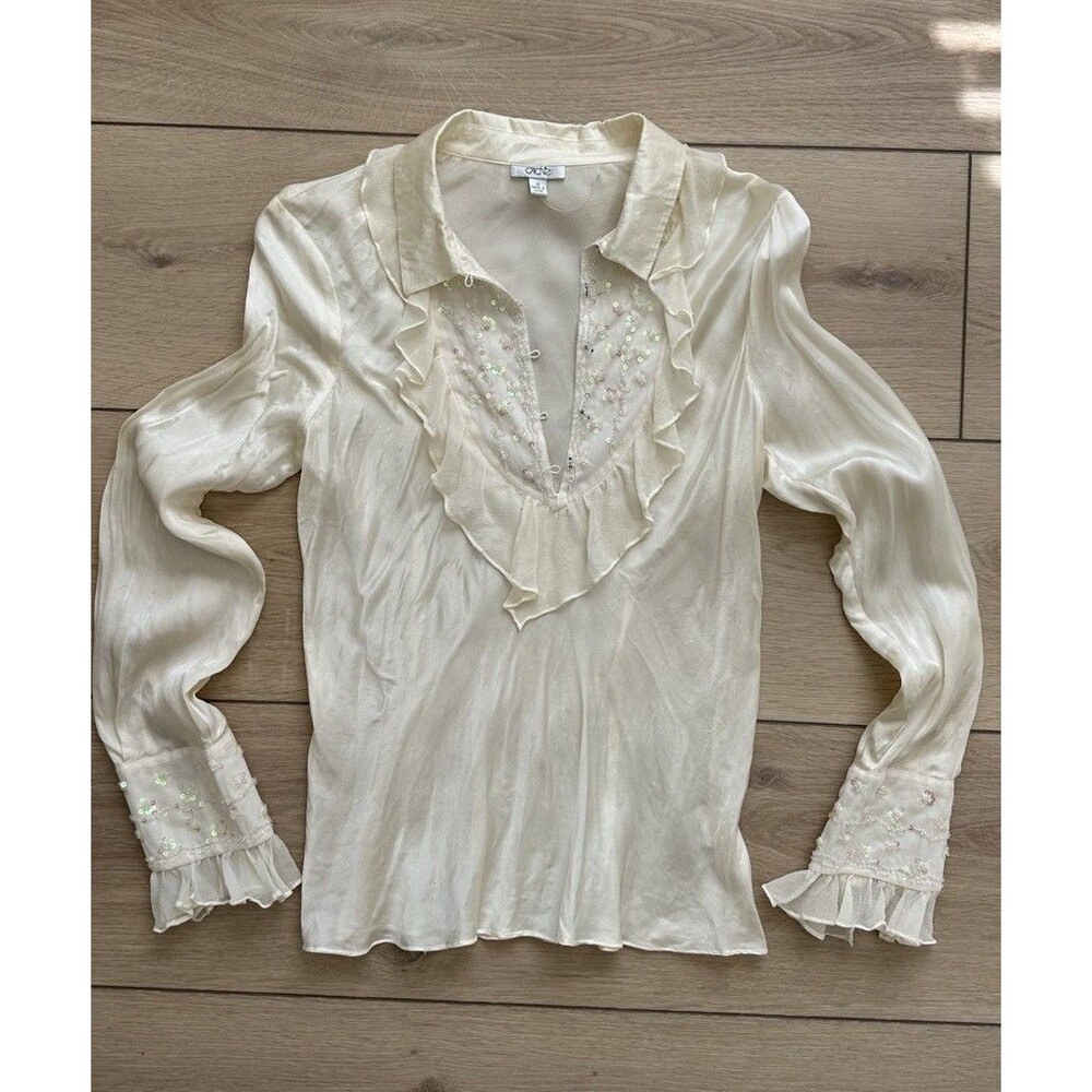 Cache Vintage Silk Sequin Blouse Women’s Size 10 Ivory Cream Elegant Top